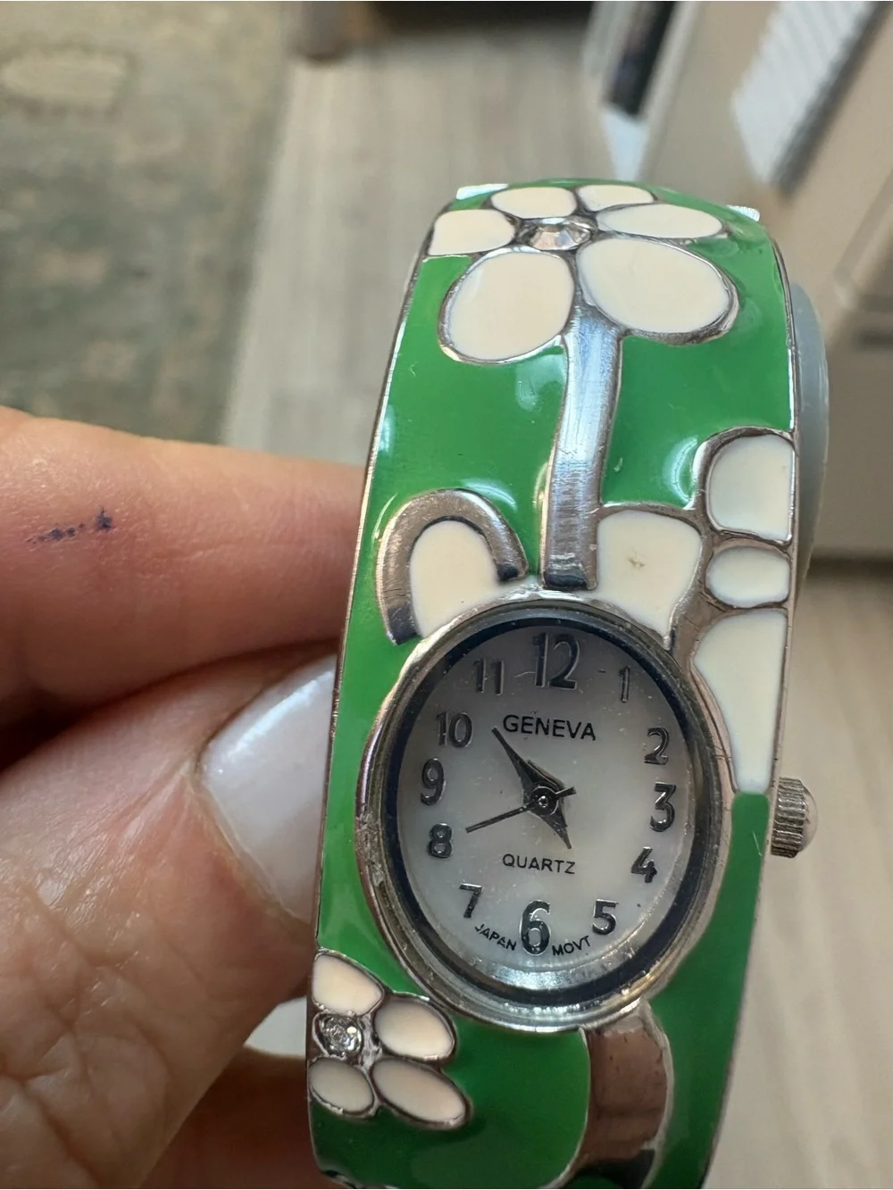Geneva Green and White Floral Bangle Watch perfect enamel
